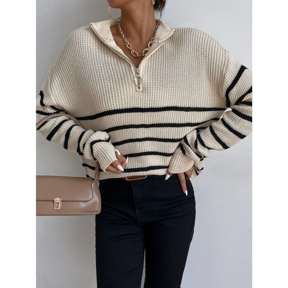 Striped half Zipper Front ribbed knit Sweater tan black preppy - Picture 6 of 6